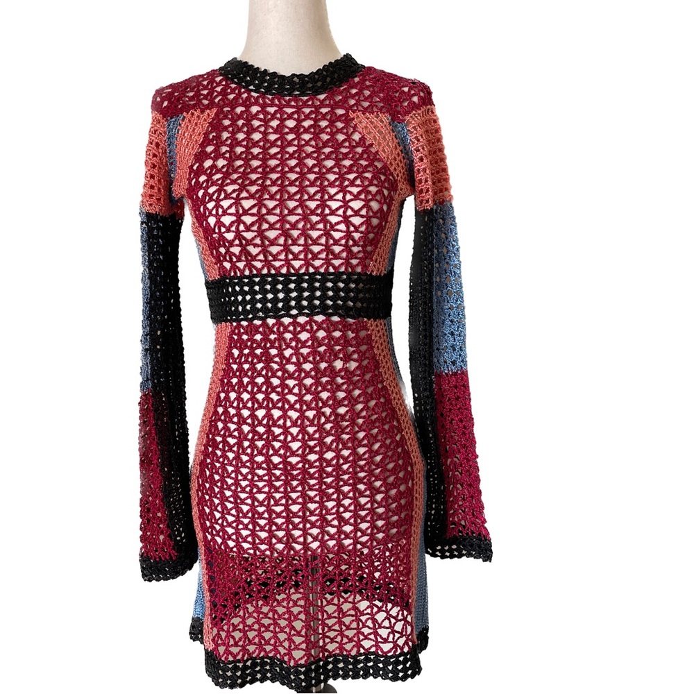 BEBE Colorful Crochet Knit Long Sleeve Mini Dress, Size XS